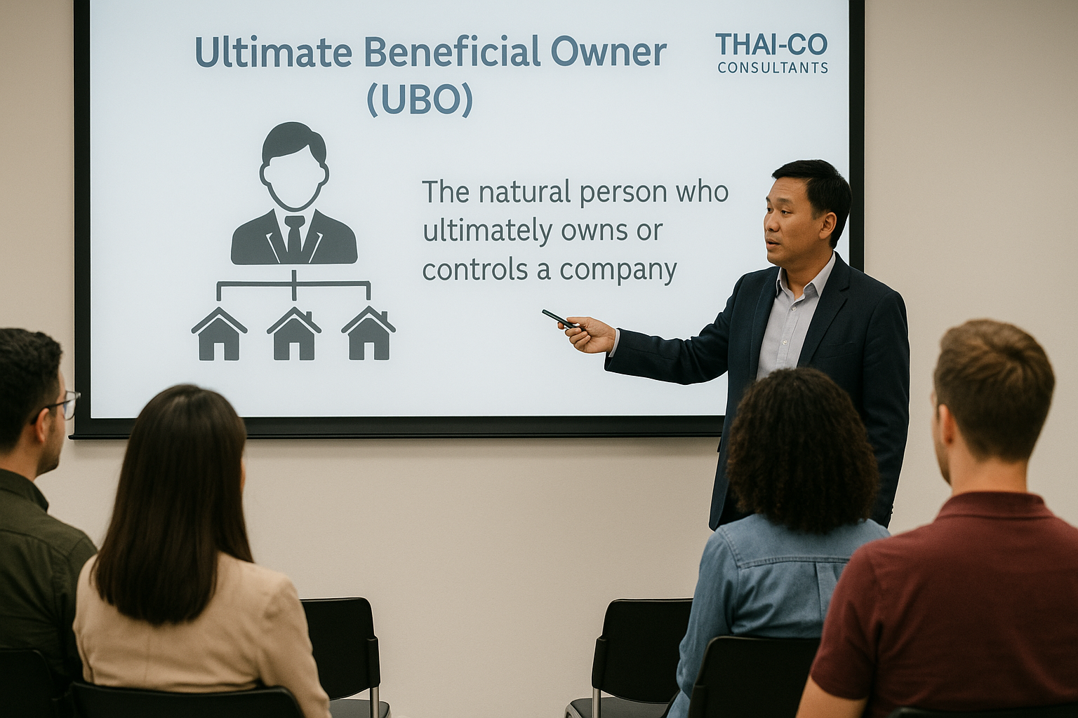 A professional seminar hosted by Thai-Co Consultants, where a speaker is presenting a slide explaining “Ultimate Beneficial Owner (UBO)” to a seated audience. The presenter points to a projected diagram showing a person controlling multiple entities, emphasizing the importance of UBO transparency.